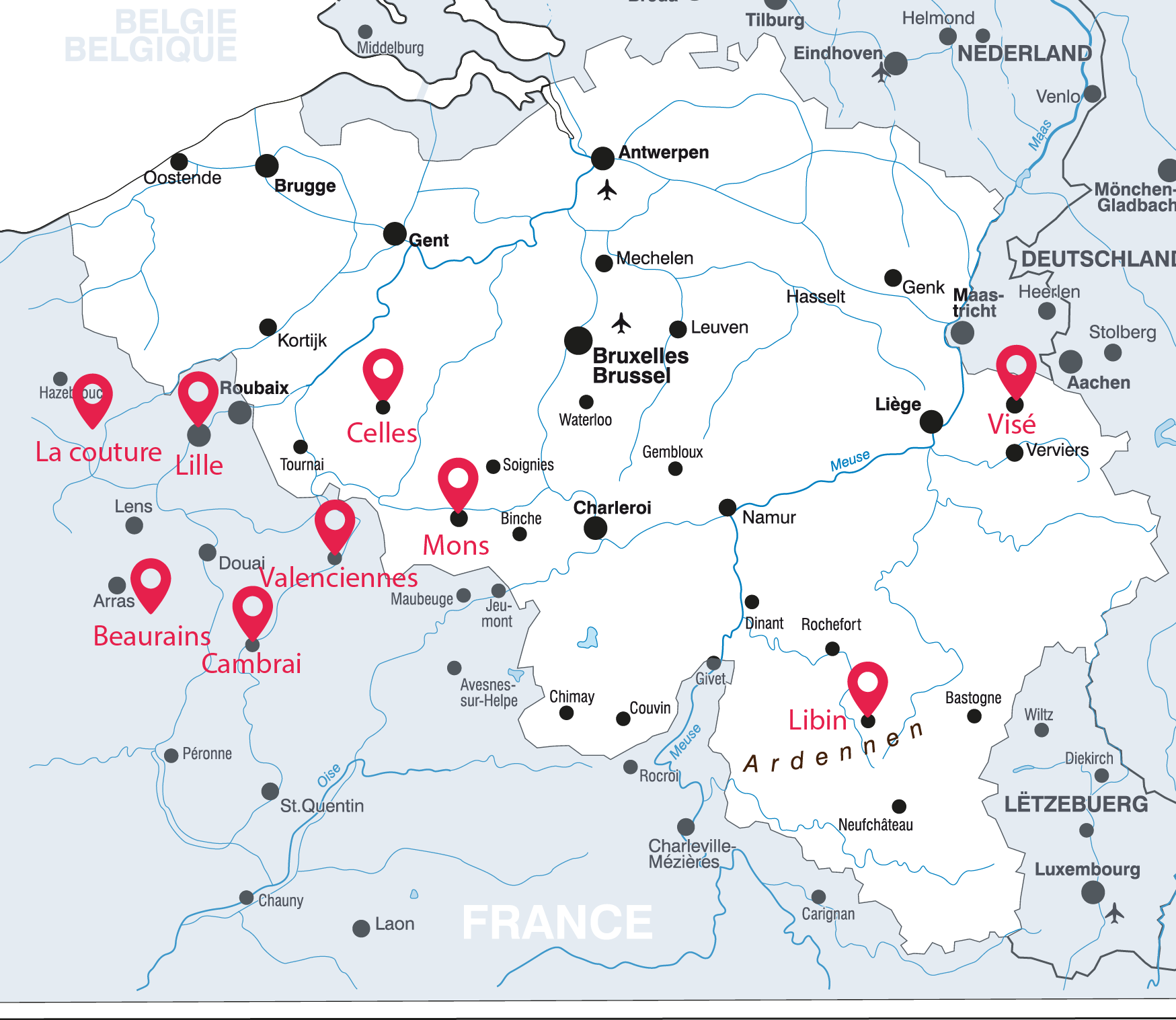 Carte géographique des distributeurs de coque de piscine en Belgique et en France.